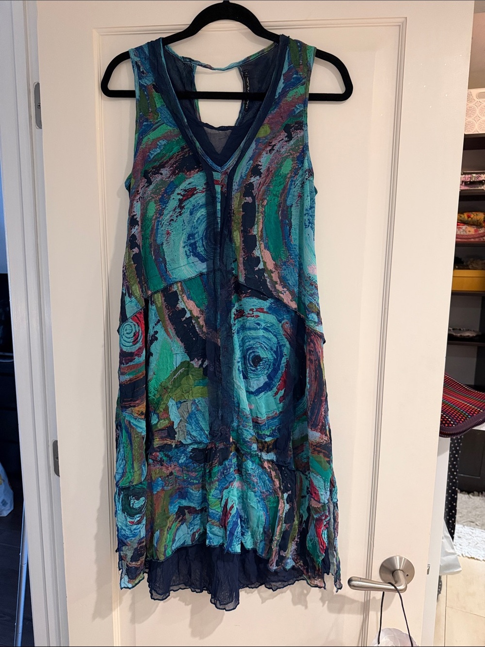 Sleeveless V-Neck Layered Dress in Teal Blue Abstract